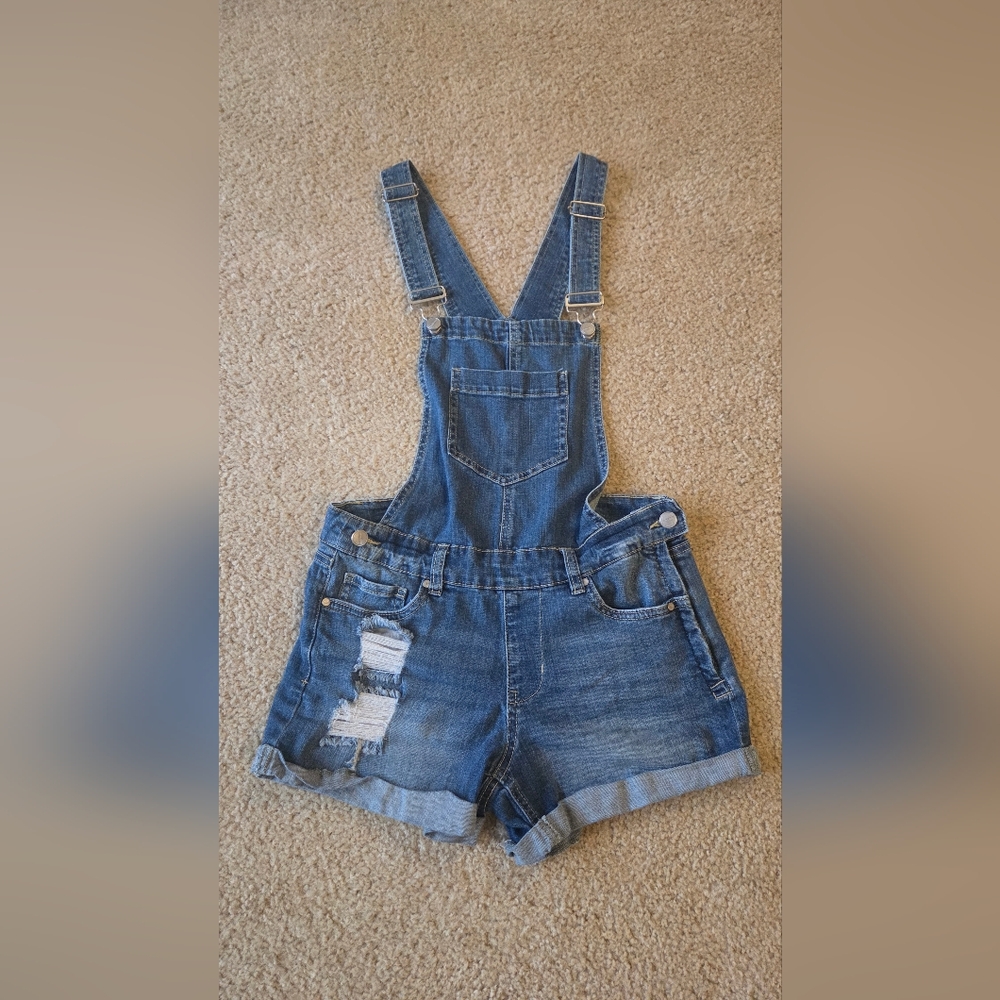 Dollhouse Denim Distressed Overalls Shorts